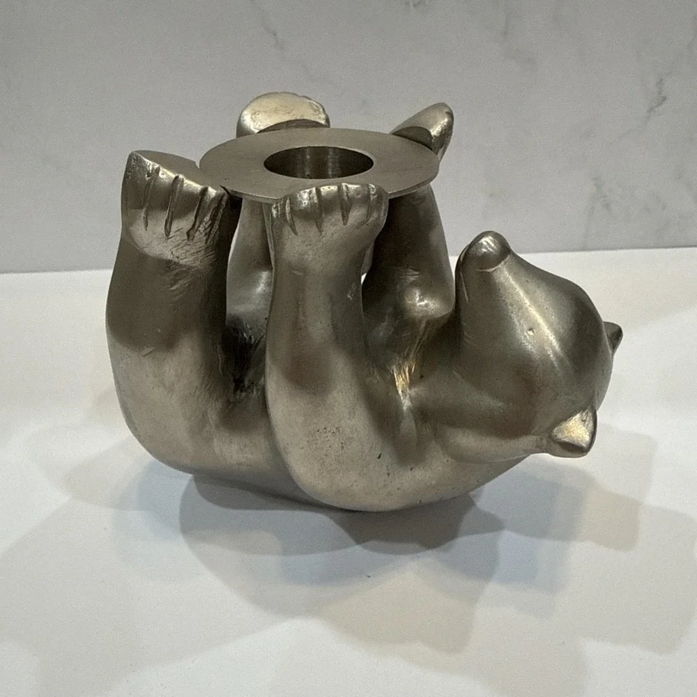 Vtg Restoration Hardware Candle Holder Polar Bear Silver Tone Holiday Winter